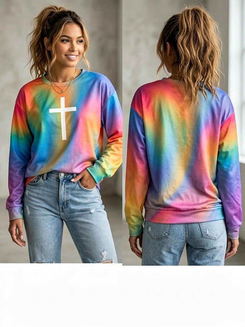 Rainbow Cross Graphic Long Sleeve Sweatshirt